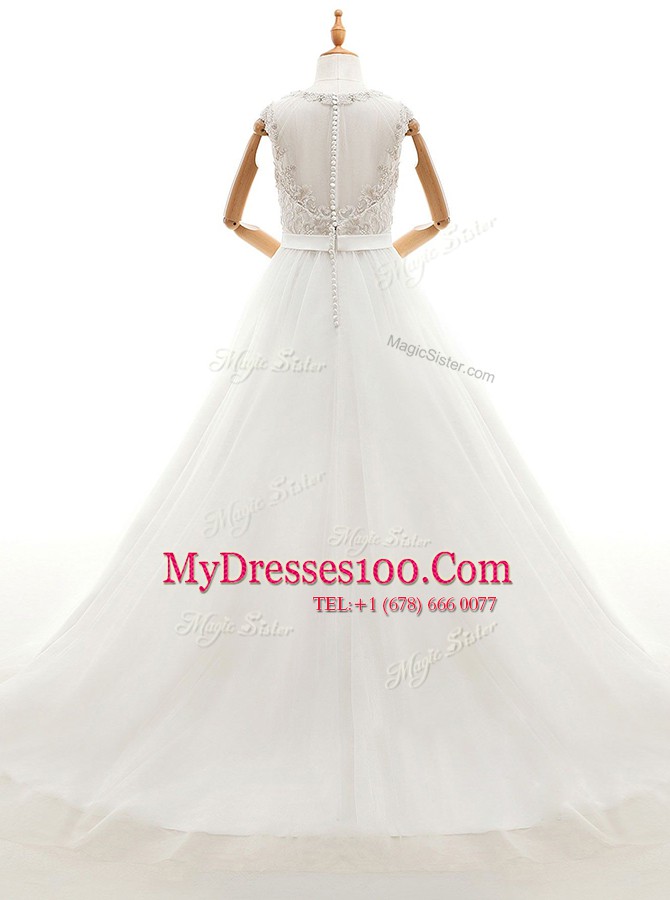 Scoop Tulle Sleeveless With Train Wedding Gowns Brush Train and Beading and Lace