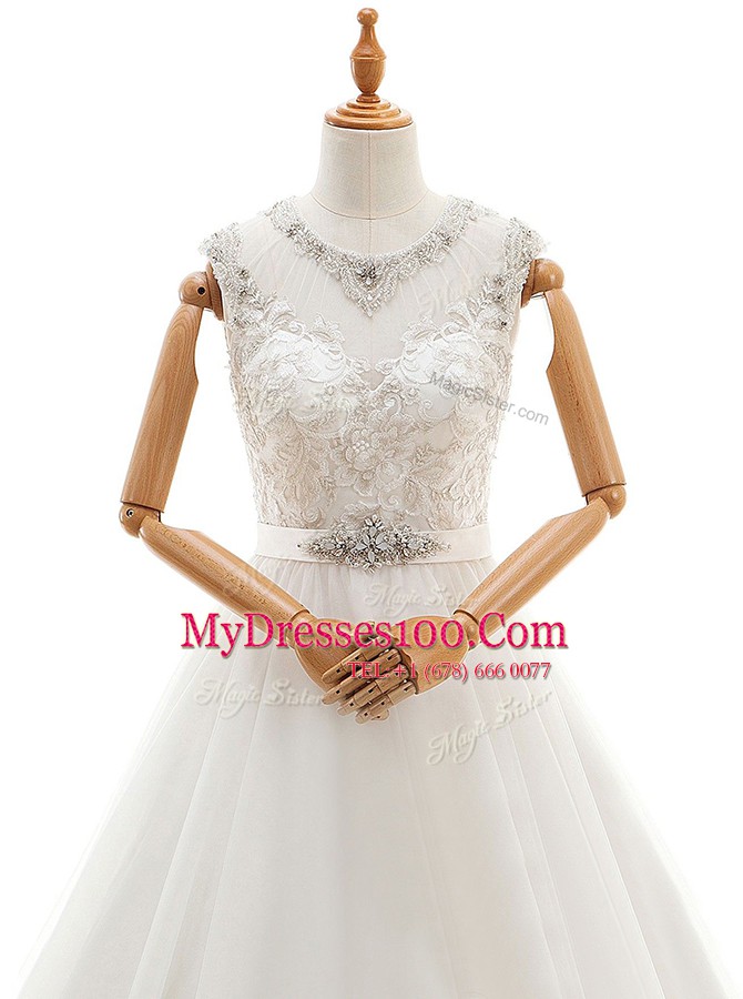 Scoop Tulle Sleeveless With Train Wedding Gowns Brush Train and Beading and Lace