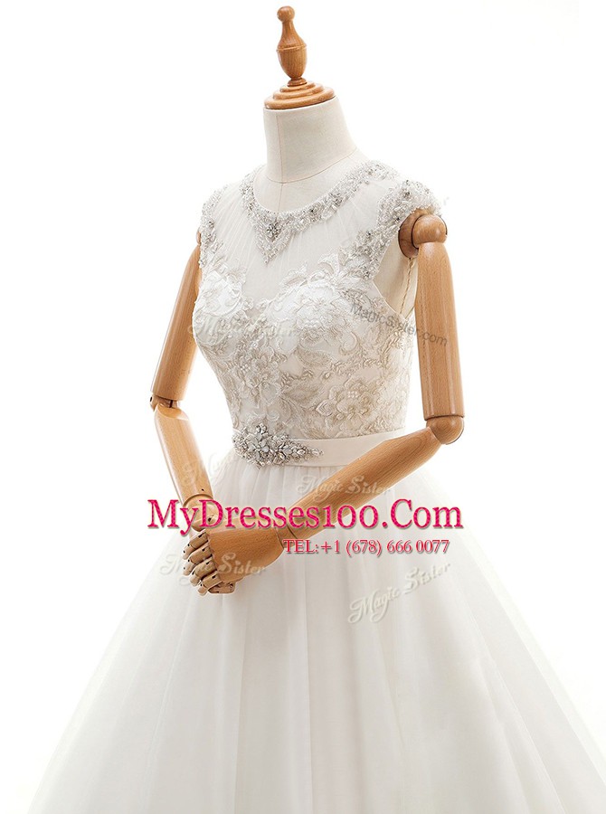 Scoop Tulle Sleeveless With Train Wedding Gowns Brush Train and Beading and Lace