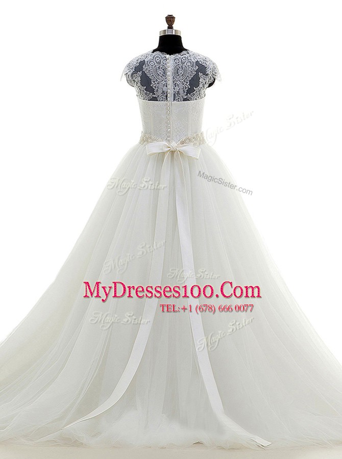 With Train Clasp Handle Wedding Gowns White for Wedding Party with Beading and Lace Brush Train