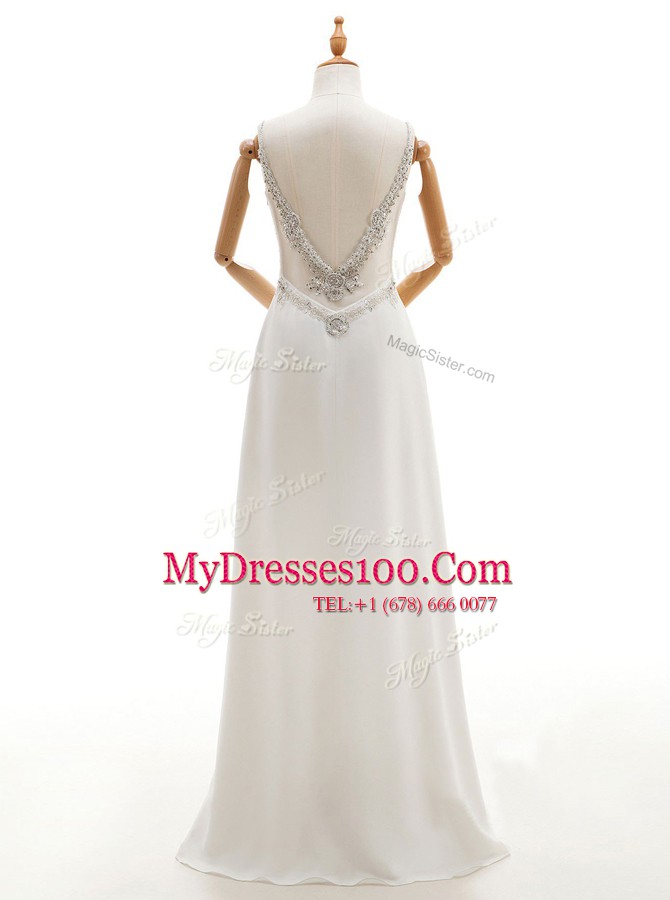 Beautiful White Empire Straps Sleeveless Chiffon Floor Length Backless Beading Wedding Gown