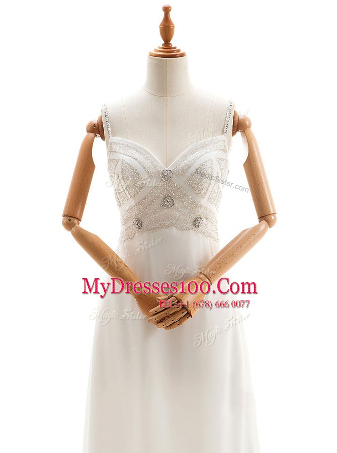 Beautiful White Empire Straps Sleeveless Chiffon Floor Length Backless Beading Wedding Gown