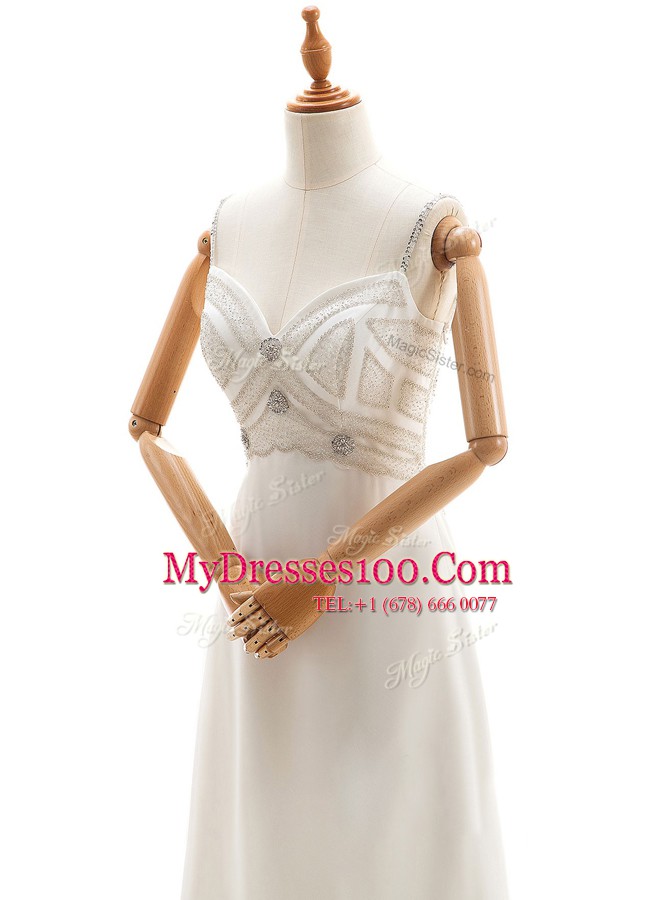 Beautiful White Empire Straps Sleeveless Chiffon Floor Length Backless Beading Wedding Gown