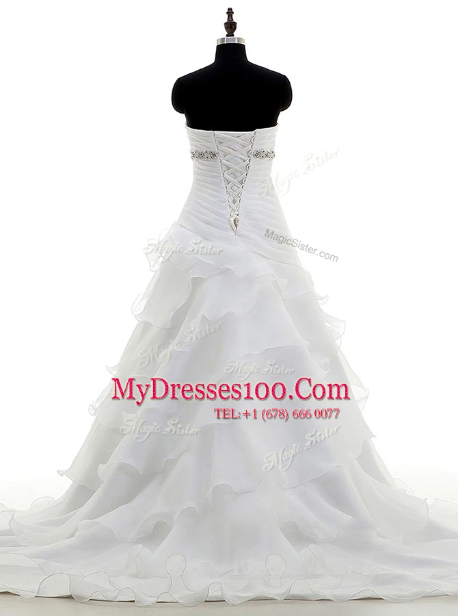 Customized White Organza Lace Up Sweetheart Sleeveless With Train Bridal Gown Brush Train Beading