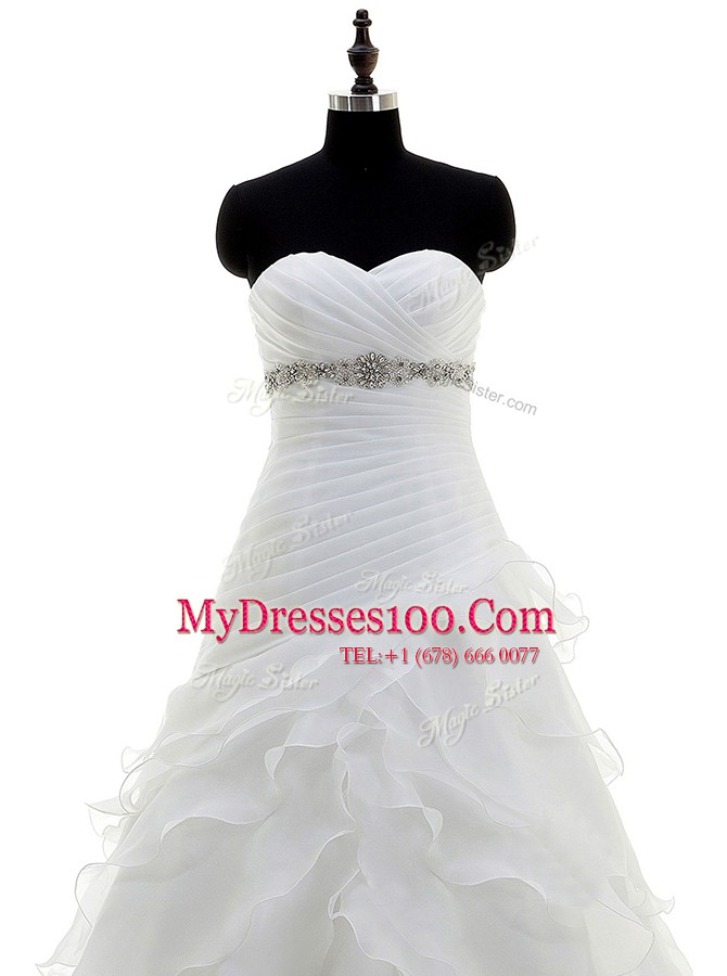 Customized White Organza Lace Up Sweetheart Sleeveless With Train Bridal Gown Brush Train Beading