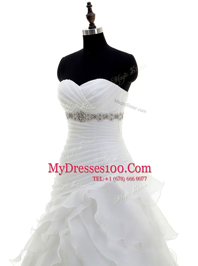 Customized White Organza Lace Up Sweetheart Sleeveless With Train Bridal Gown Brush Train Beading