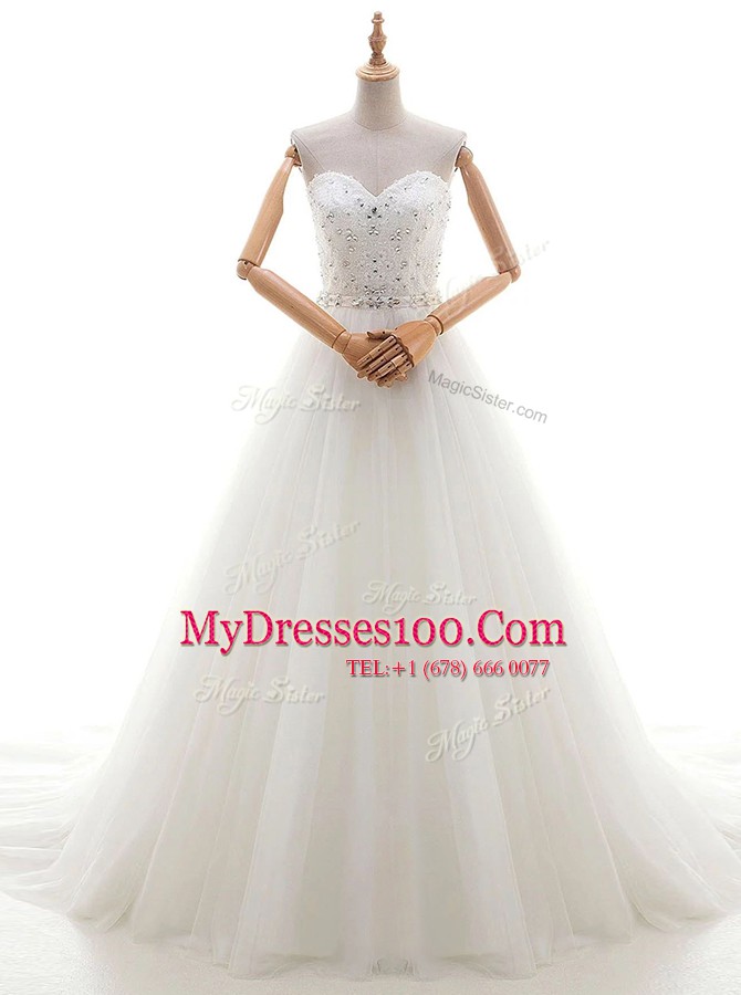 Suitable Sweetheart Sleeveless Tulle Wedding Dresses Beading and Appliques Brush Train Lace Up
