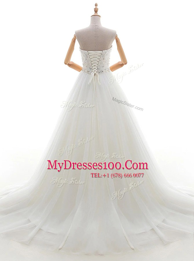 Suitable Sweetheart Sleeveless Tulle Wedding Dresses Beading and Appliques Brush Train Lace Up