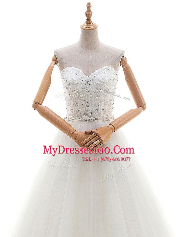 Suitable Sweetheart Sleeveless Tulle Wedding Dresses Beading and Appliques Brush Train Lace Up