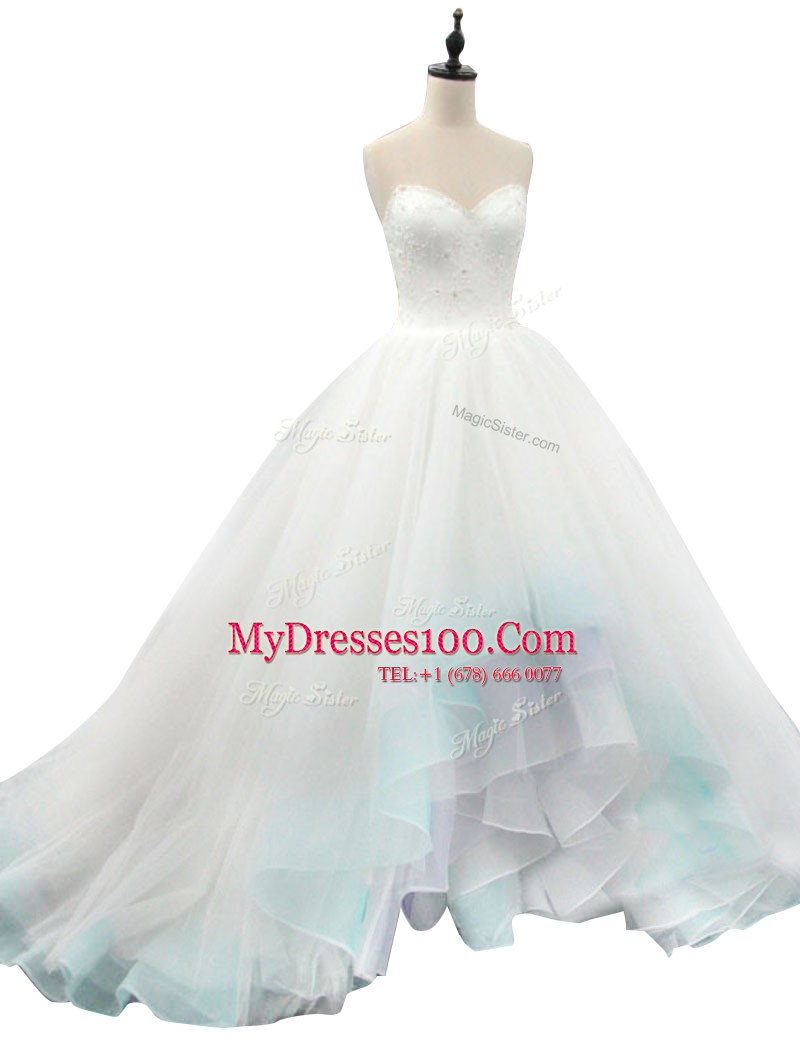 Multi-color Lace Up Wedding Gown Beading and Appliques Sleeveless High Low