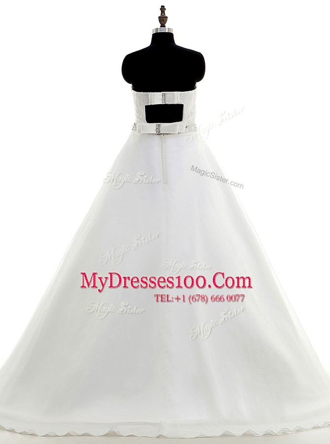 Free and Easy White Backless Strapless Beading and Lace Wedding Dress Organza Sleeveless Sweep Train