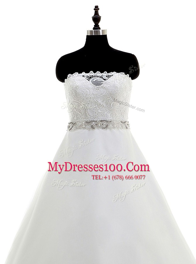 Free and Easy White Backless Strapless Beading and Lace Wedding Dress Organza Sleeveless Sweep Train