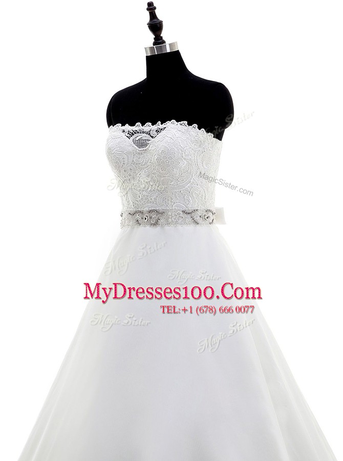 Free and Easy White Backless Strapless Beading and Lace Wedding Dress Organza Sleeveless Sweep Train