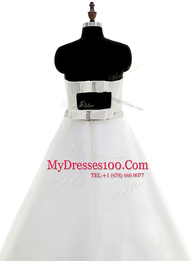 Free and Easy White Backless Strapless Beading and Lace Wedding Dress Organza Sleeveless Sweep Train