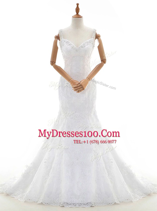 Best Mermaid White Lace Backless Bridal Gown Sleeveless With Train Court Train Beading and Lace
