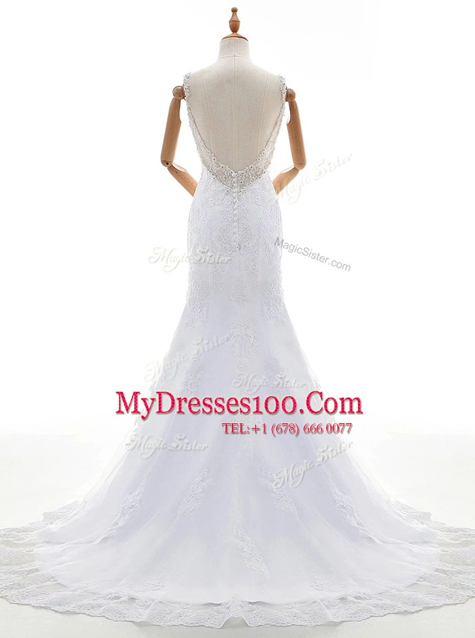 Best Mermaid White Lace Backless Bridal Gown Sleeveless With Train Court Train Beading and Lace