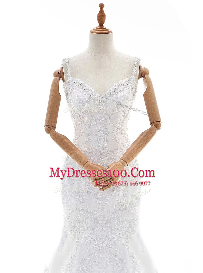 Best Mermaid White Lace Backless Bridal Gown Sleeveless With Train Court Train Beading and Lace