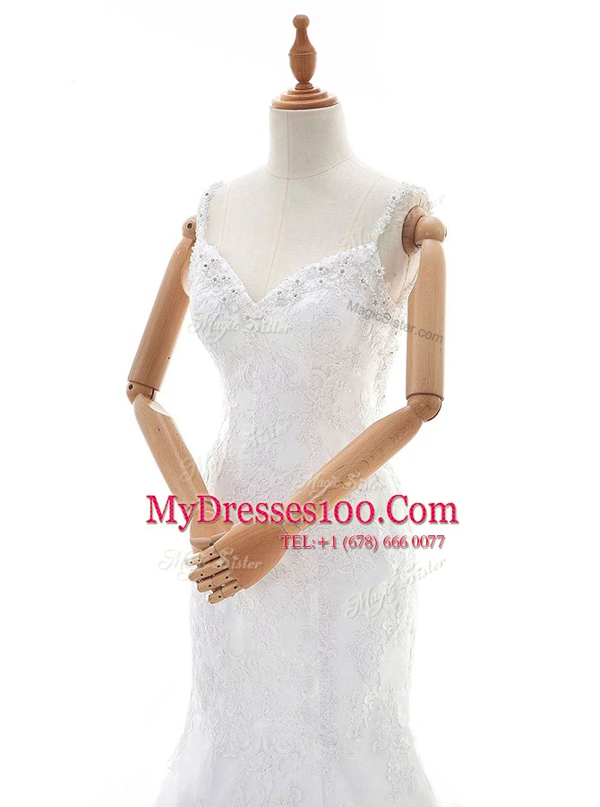 Best Mermaid White Lace Backless Bridal Gown Sleeveless With Train Court Train Beading and Lace