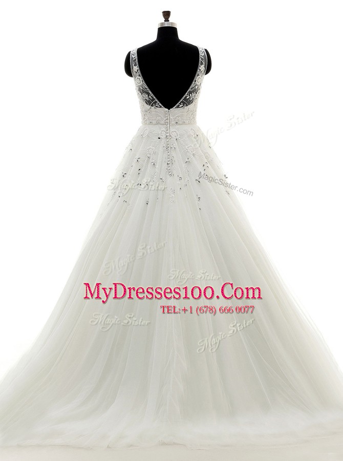 Beauteous White Scoop Backless Beading and Lace and Appliques Wedding Gown Brush Train Sleeveless