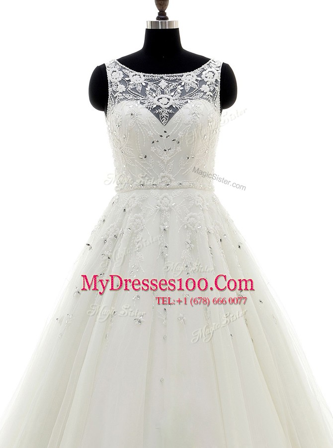 Beauteous White Scoop Backless Beading and Lace and Appliques Wedding Gown Brush Train Sleeveless