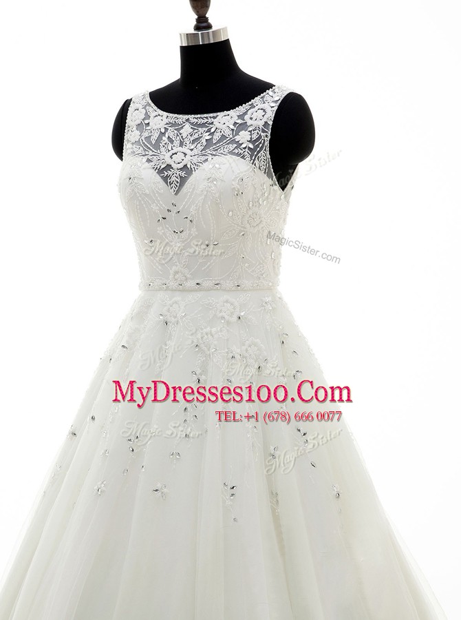 Beauteous White Scoop Backless Beading and Lace and Appliques Wedding Gown Brush Train Sleeveless