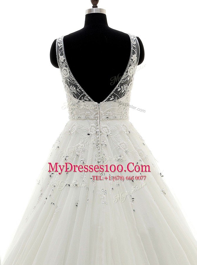 Beauteous White Scoop Backless Beading and Lace and Appliques Wedding Gown Brush Train Sleeveless