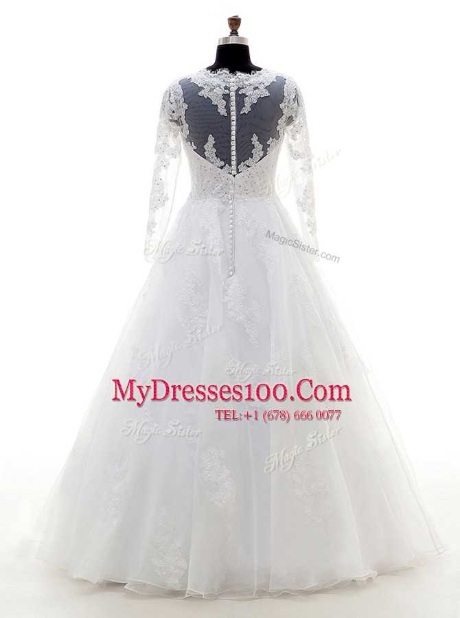 Long Sleeves Organza Floor Length Clasp Handle Wedding Gown in White with Beading and Lace and Appliques