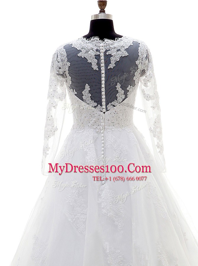 Long Sleeves Organza Floor Length Clasp Handle Wedding Gown in White with Beading and Lace and Appliques