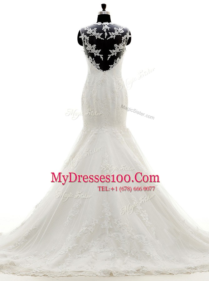 Brush Train Mermaid Wedding Gowns White V-neck Lace Cap Sleeves With Train Side Zipper