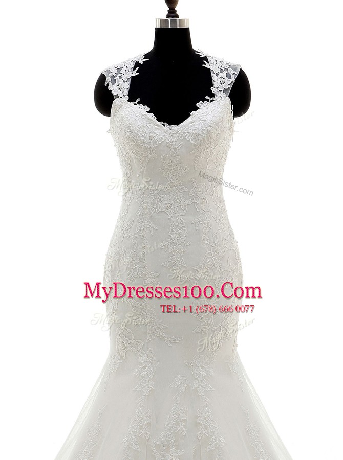 Brush Train Mermaid Wedding Gowns White V-neck Lace Cap Sleeves With Train Side Zipper