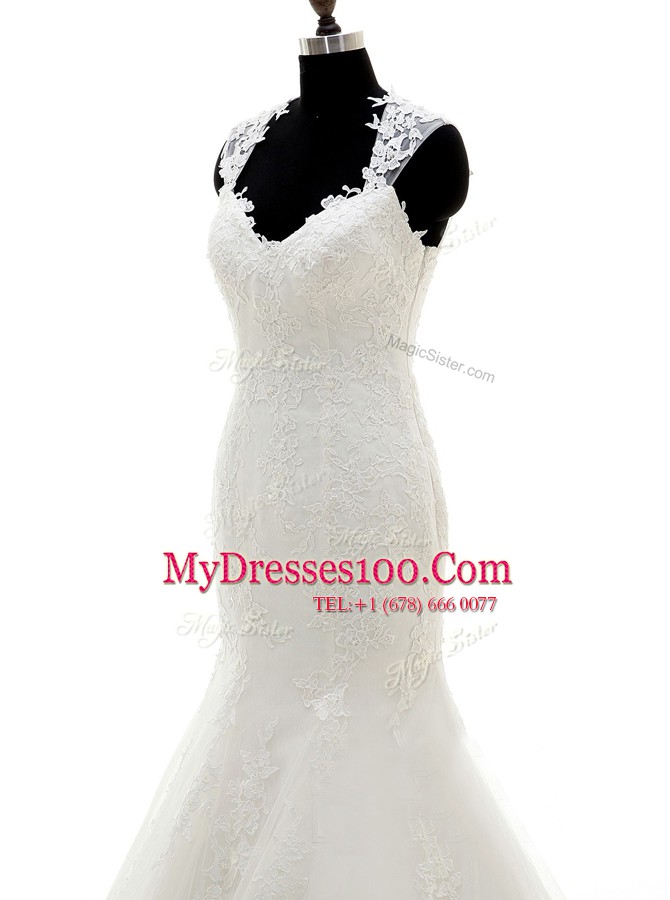 Brush Train Mermaid Wedding Gowns White V-neck Lace Cap Sleeves With Train Side Zipper