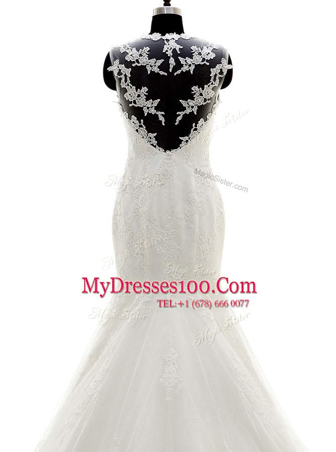 Brush Train Mermaid Wedding Gowns White V-neck Lace Cap Sleeves With Train Side Zipper