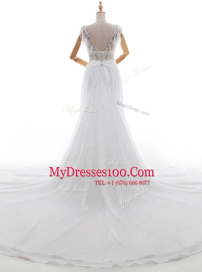 Free and Easy White Empire Chiffon V-neck Cap Sleeves Beading and Bowknot With Train Side Zipper Wedding Gown Chapel Train