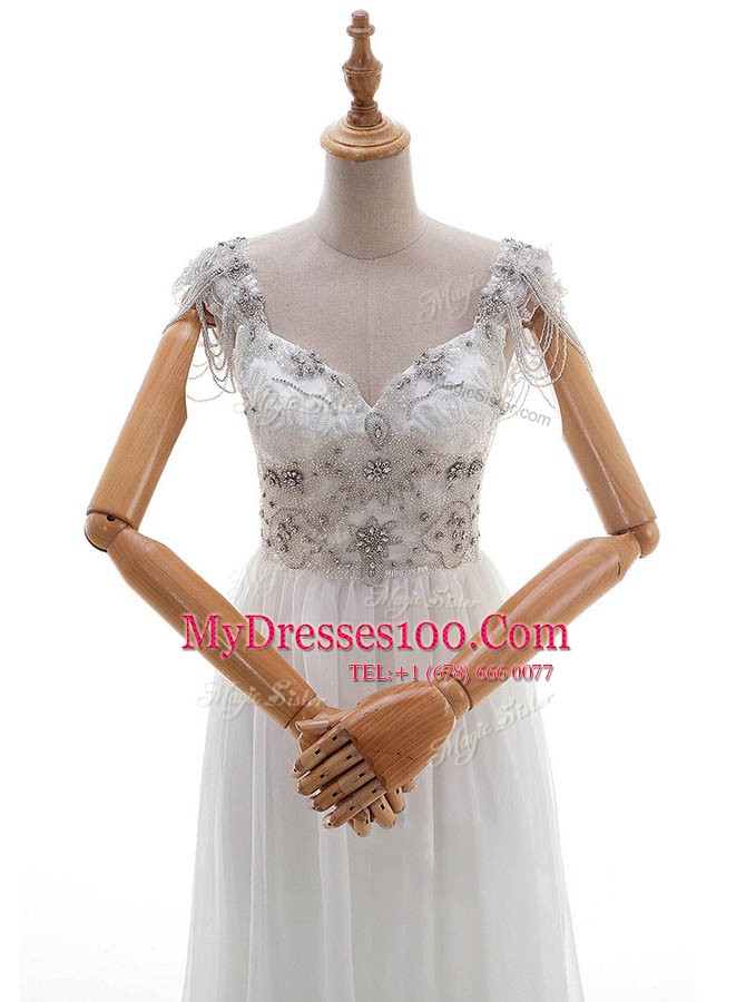 Free and Easy White Empire Chiffon V-neck Cap Sleeves Beading and Bowknot With Train Side Zipper Wedding Gown Chapel Train