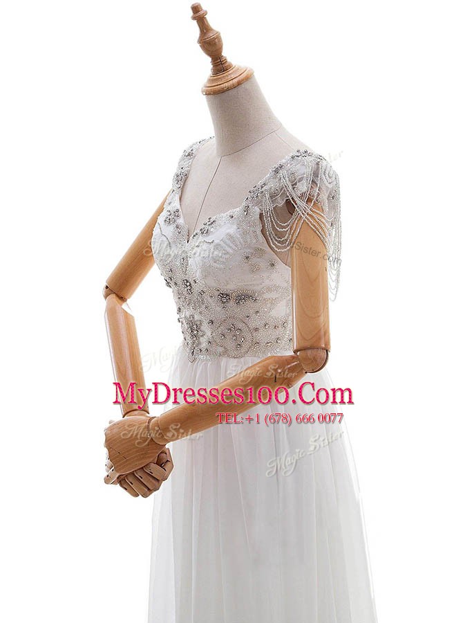 Free and Easy White Empire Chiffon V-neck Cap Sleeves Beading and Bowknot With Train Side Zipper Wedding Gown Chapel Train