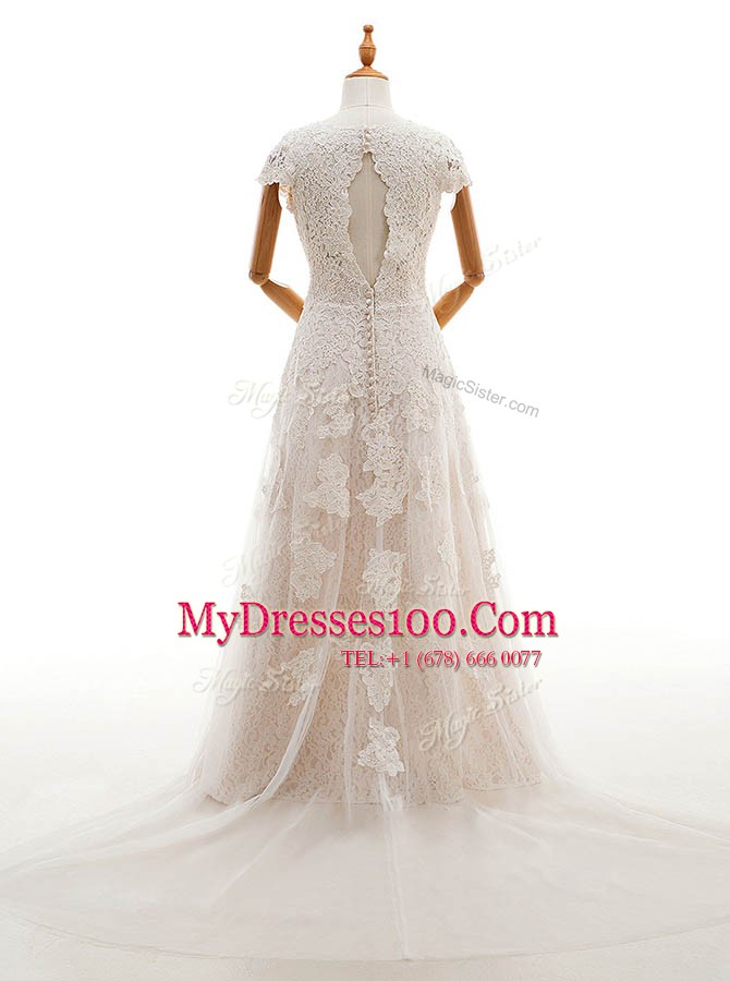 Classical With Train Champagne Wedding Dress Scoop Cap Sleeves Court Train Clasp Handle