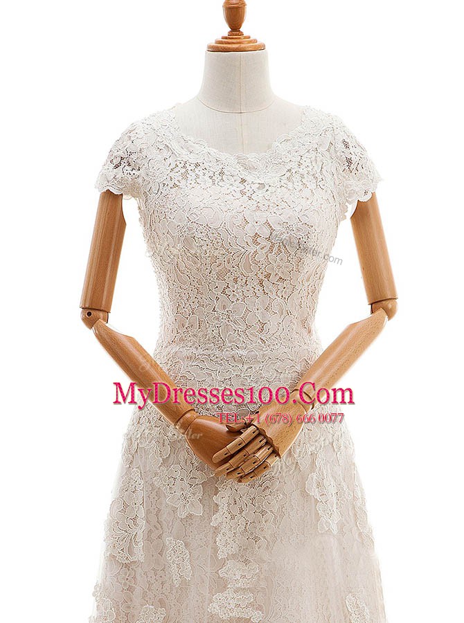Classical With Train Champagne Wedding Dress Scoop Cap Sleeves Court Train Clasp Handle