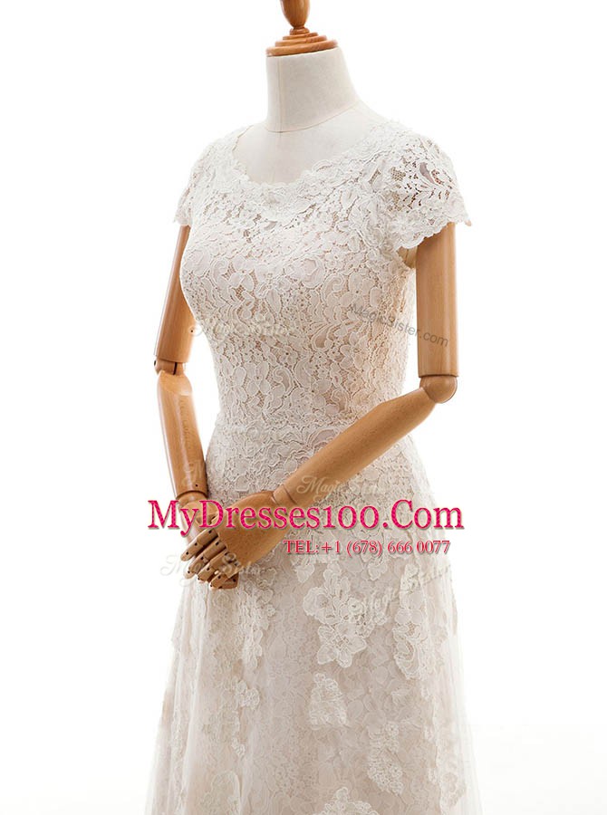 Classical With Train Champagne Wedding Dress Scoop Cap Sleeves Court Train Clasp Handle