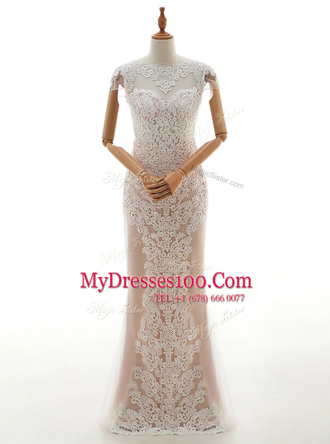 Great Column/Sheath Wedding Gowns Champagne High-neck Lace Cap Sleeves Floor Length Zipper