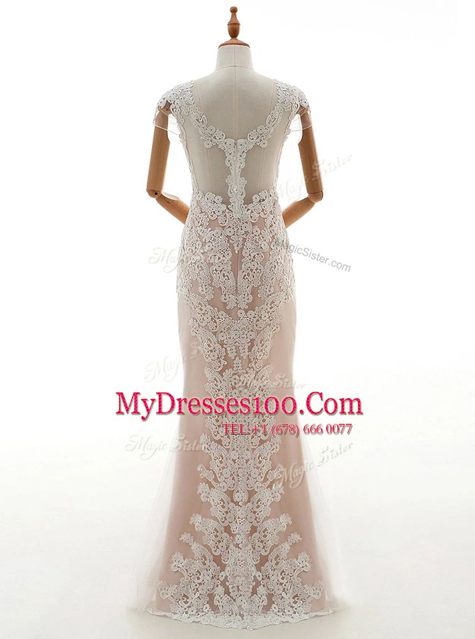 Great Column/Sheath Wedding Gowns Champagne High-neck Lace Cap Sleeves Floor Length Zipper