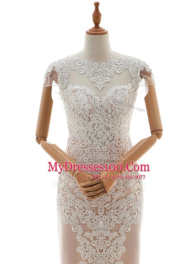 Great Column/Sheath Wedding Gowns Champagne High-neck Lace Cap Sleeves Floor Length Zipper