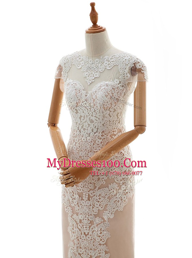 Great Column/Sheath Wedding Gowns Champagne High-neck Lace Cap Sleeves Floor Length Zipper
