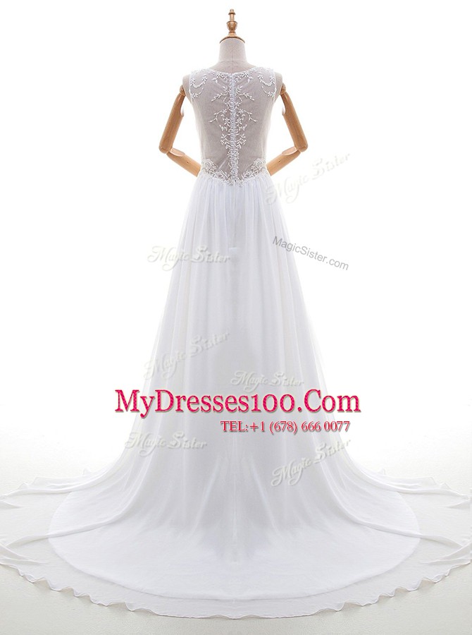 Deluxe White Sleeveless With Train Appliques Zipper Wedding Dresses
