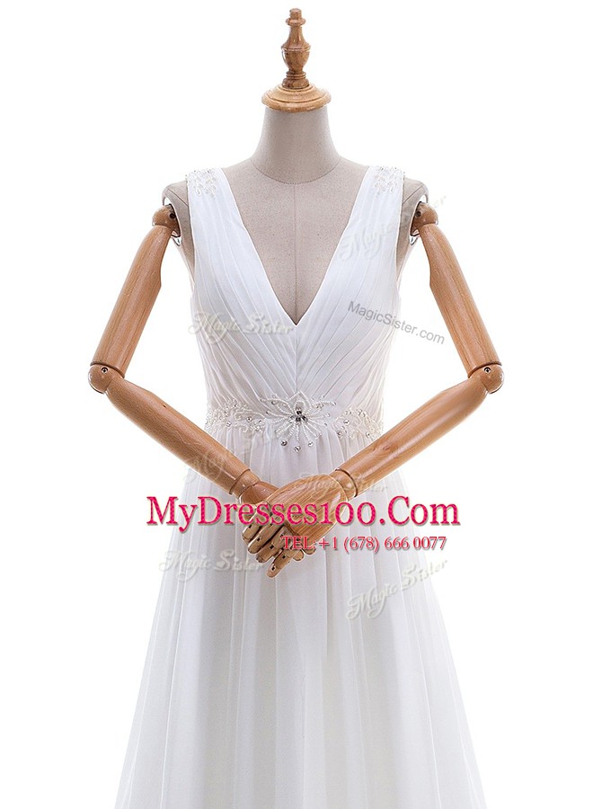 Deluxe White Sleeveless With Train Appliques Zipper Wedding Dresses
