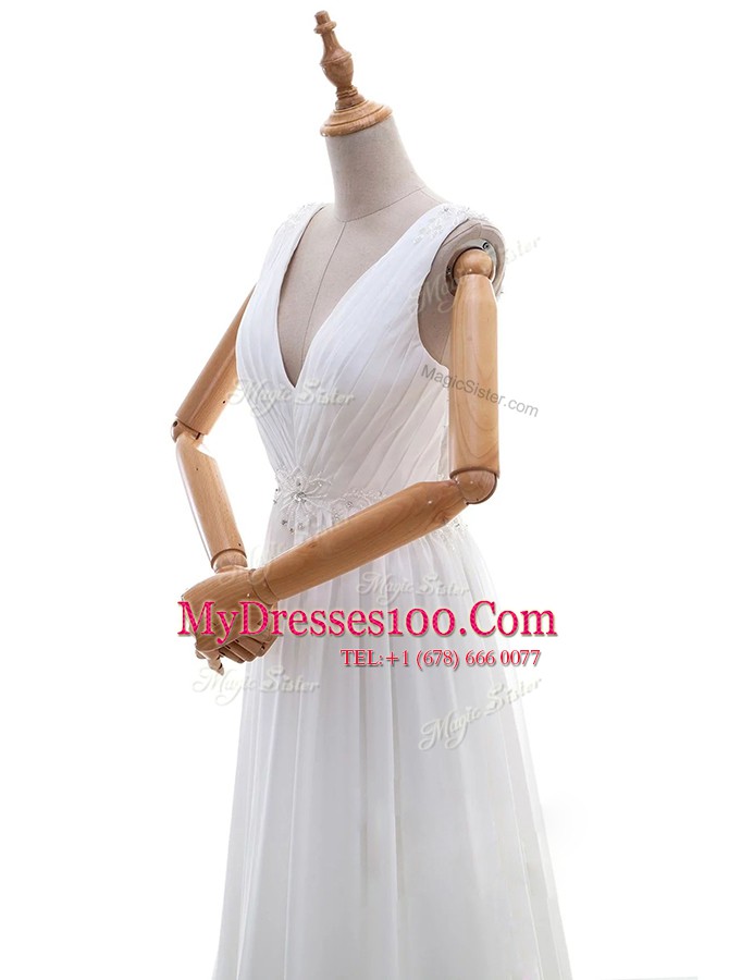 Deluxe White Sleeveless With Train Appliques Zipper Wedding Dresses