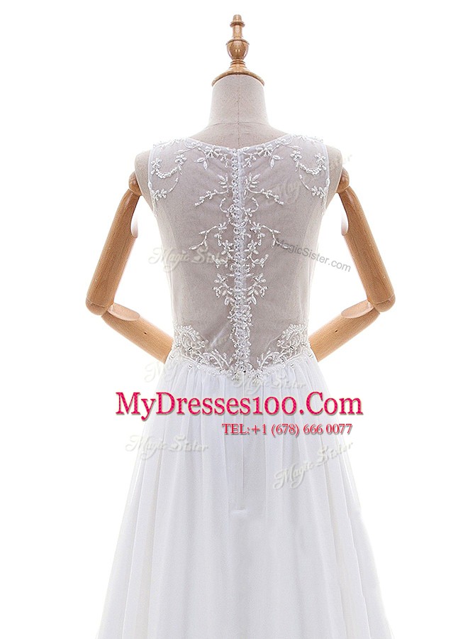 Deluxe White Sleeveless With Train Appliques Zipper Wedding Dresses