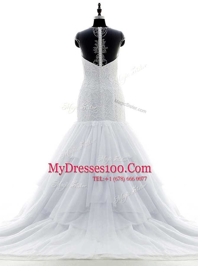 White Mermaid Chiffon and Lace Scoop Short Sleeves Beading and Lace With Train Zipper Bridal Gown Brush Train