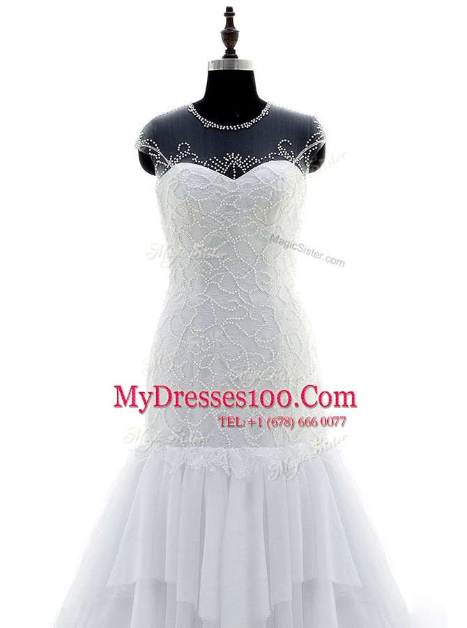 White Mermaid Chiffon and Lace Scoop Short Sleeves Beading and Lace With Train Zipper Bridal Gown Brush Train