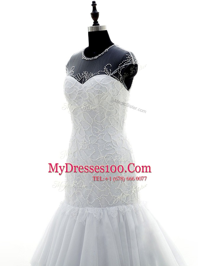 White Mermaid Chiffon and Lace Scoop Short Sleeves Beading and Lace With Train Zipper Bridal Gown Brush Train