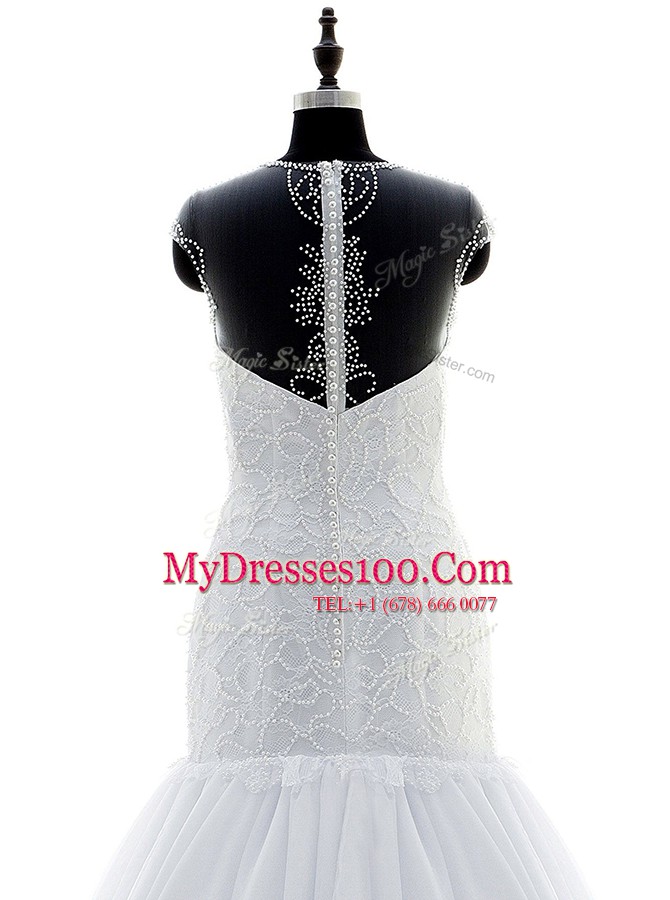 White Mermaid Chiffon and Lace Scoop Short Sleeves Beading and Lace With Train Zipper Bridal Gown Brush Train